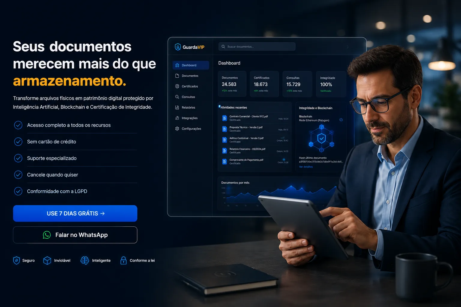 Executivo acessando o dashboard do Guarda VIP em um tablet